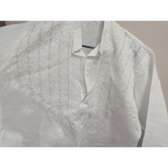 Gorgeous starched white cotton embroidered Kurta/caftan size approx 42 No tag - Picture 2 of 8